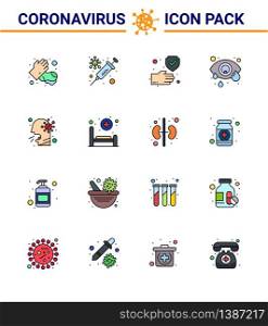 Covid-19 icon set for infographic 16 Flat Color Filled Line pack such as healthcare, human eye, clean, eye infection, conjunctivitis viral coronavirus 2019-nov disease Vector Design Elements