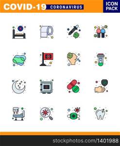 Covid-19 icon set for infographic 16 Flat Color Filled Line pack such as hand, transmitters, dropper, touch, coronavirus viral coronavirus 2019-nov disease Vector Design Elements