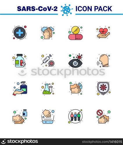 Covid-19 icon set for infographic 16 Flat Color Filled Line pack such as medicine bottle, love, capsule, heart, tablet viral coronavirus 2019-nov disease Vector Design Elements