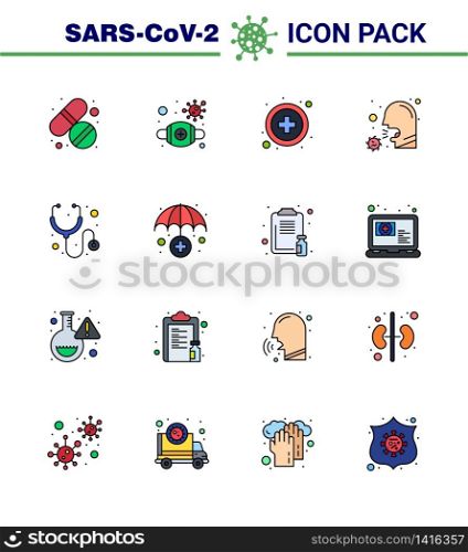 Covid-19 icon set for infographic 16 Flat Color Filled Line pack such as sneeze virus, illness, virus, healthcare, cough viral coronavirus 2019-nov disease Vector Design Elements