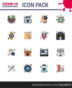 Covid-19 icon set for infographic 16 Flat Color Filled Line pack such as beat, life, brain, covid, virus viral coronavirus 2019-nov disease Vector Design Elements