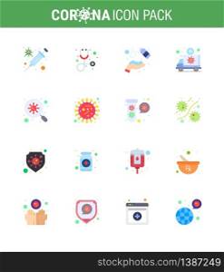 Covid-19 icon set for infographic 16 Flat Color pack such as bacteria, transportation, clean, medical, ambulance viral coronavirus 2019-nov disease Vector Design Elements