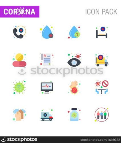 Covid-19 icon set for infographic 16 Flat Color pack such as medicine, capsule, blood virus, care, hospital viral coronavirus 2019-nov disease Vector Design Elements