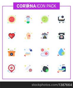 Covid-19 icon set for infographic 16 Flat Color pack such as wheels, bed, virus, strature, epidemic viral coronavirus 2019-nov disease Vector Design Elements