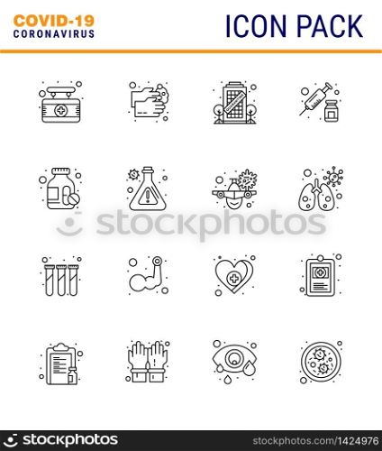 Covid-19 icon set for infographic 16 Line pack such as drugs, syringe, water, injection, staying viral coronavirus 2019-nov disease Vector Design Elements