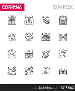 Covid-19 icon set for infographic 16 Line pack such as laboratory, flask, medicine, chemistry, clinic viral coronavirus 2019-nov disease Vector Design Elements
