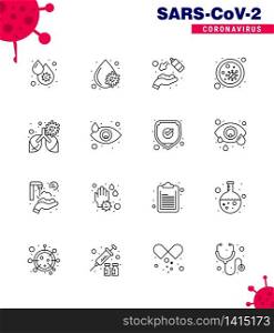 Covid-19 icon set for infographic 16 Line pack such as microbe, blood, platelets, bacterium, wash viral coronavirus 2019-nov disease Vector Design Elements