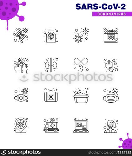 Covid-19 icon set for infographic 16 Line pack such as schudule, calendar, bottle, appointment, infection viral coronavirus 2019-nov disease Vector Design Elements