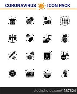 Covid-19 icon set for infographic 16 Solid Glyph Black pack such as chemist, transfer, pills, infection, engagement viral coronavirus 2019-nov disease Vector Design Elements