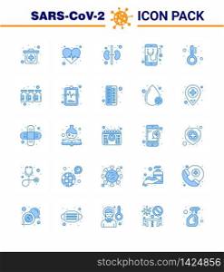 Covid-19 icon set for infographic 25 Blue pack such as temperature, healthcare, kidney, online, medical viral coronavirus 2019-nov disease Vector Design Elements