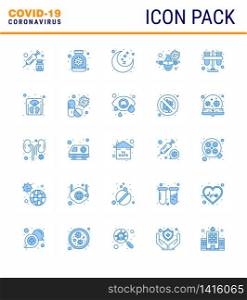 Covid-19 icon set for infographic 25 Blue pack such as test, warning, moon, vacation, airplane viral coronavirus 2019-nov disease Vector Design Elements
