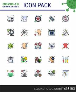 Covid-19 icon set for infographic 25 Flat Color Filled Line pack such as tablet, health, bacteria, form, drugs viral coronavirus 2019-nov disease Vector Design Elements