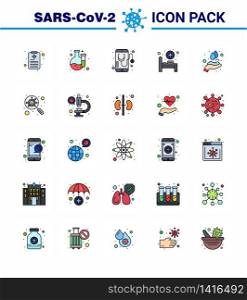 Covid-19 icon set for infographic 25 Flat Color Filled Line pack such as washing, hands, medical, hands care, hospital bed viral coronavirus 2019-nov disease Vector Design Elements