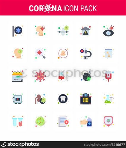 Covid-19 icon set for infographic 25 Flat Color pack such as protection, hygiene, sick, home, warning viral coronavirus 2019-nov disease Vector Design Elements