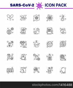 Covid-19 icon set for infographic 25 line pack such as temperature, healthcare, safeguard, research, laboratory viral coronavirus 2019-nov disease Vector Design Elements