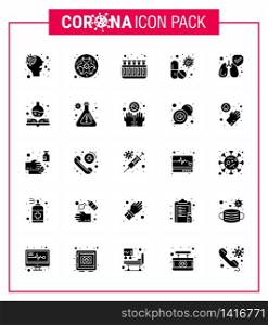 Covid-19 icon set for infographic 25 Solid Glyph pack such as pill, capsule, warning, antivirus, lab viral coronavirus 2019-nov disease Vector Design Elements