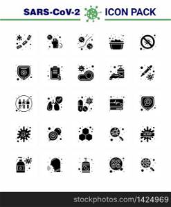 Covid-19 icon set for infographic 25 Solid Glyph pack such as soap basin, basin, hands, viruses, microbe viral coronavirus 2019-nov disease Vector Design Elements