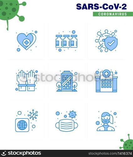 Covid-19 icon set for infographic 9 Blue pack such as coronavirus, secure, bacteria, safety, gloves viral coronavirus 2019-nov disease Vector Design Elements