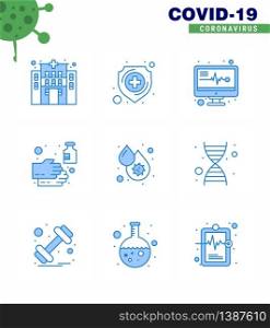 Covid-19 icon set for infographic 9 Blue pack such as dengue, blood, medical monitor, sanitizer, soap viral coronavirus 2019-nov disease Vector Design Elements