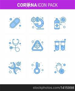 Covid-19 icon set for infographic 9 Blue pack such as disease, alert, cleaning, stethoscope, diagnosis viral coronavirus 2019-nov disease Vector Design Elements