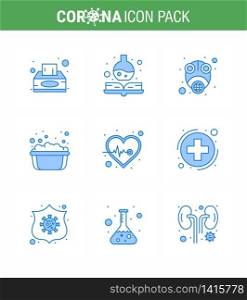 Covid-19 icon set for infographic 9 Blue pack such as heart, soapy water, gas, soap basin, basin viral coronavirus 2019-nov disease Vector Design Elements