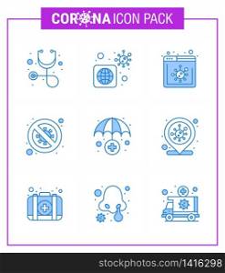 Covid-19 icon set for infographic 9 Blue pack such as insurance service, signaling, news, scientist, forbidden viral coronavirus 2019-nov disease Vector Design Elements