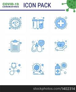 Covid-19 icon set for infographic 9 Blue pack such as lungs, list, lab, document, sign viral coronavirus 2019-nov disease Vector Design Elements