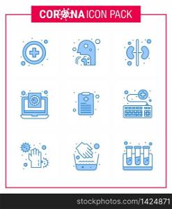 Covid-19 icon set for infographic 9 Blue pack such as patient chart, virus, human, report, file viral coronavirus 2019-nov disease Vector Design Elements