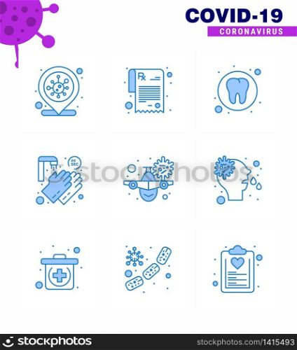 Covid-19 icon set for infographic 9 Blue pack such as vacation, airplane, health, twenty seconds, medical viral coronavirus 2019-nov disease Vector Design Elements