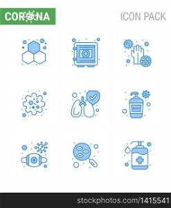 Covid-19 icon set for infographic 9 Blue pack such as virus, particle, securitybox, infection, hands viral coronavirus 2019-nov disease Vector Design Elements