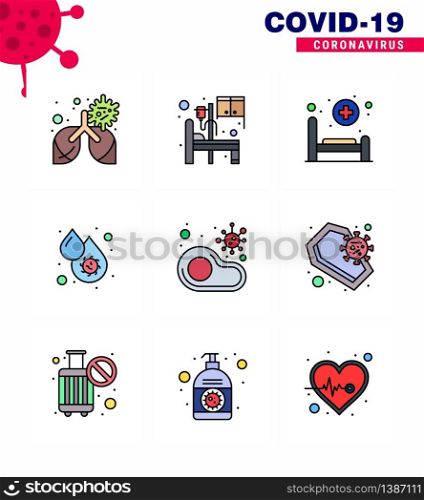 Covid-19 icon set for infographic 9 Filled Line Flat Color pack such as infected, fever, bed, dengue, blood viral coronavirus 2019-nov disease Vector Design Elements