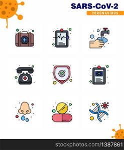 Covid-19 icon set for infographic 9 Filled Line Flat Color pack such as medical, telephone, hands, medical assistance, bubble viral coronavirus 2019-nov disease Vector Design Elements