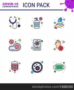 Covid-19 icon set for infographic 9 Filled Line Flat Color pack such as report, virus, hands, transmission, food viral coronavirus 2019-nov disease Vector Design Elements