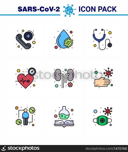 Covid-19 icon set for infographic 9 Filled Line Flat Color pack such as infected, care, healthcare, time, heart viral coronavirus 2019-nov disease Vector Design Elements