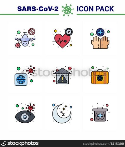 Covid-19 icon set for infographic 9 Filled Line Flat Color pack such as home, virus, care, bacteria, washing viral coronavirus 2019-nov disease Vector Design Elements