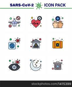 Covid-19 icon set for infographic 9 Filled Line Flat Color pack such as home, virus, care, bacteria, washing viral coronavirus 2019-nov disease Vector Design Elements