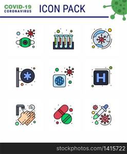 Covid-19 icon set for infographic 9 Filled Line Flat Color pack such as pharmacy, hospital signboard, tubes, hospital sign, covid viral coronavirus 2019-nov disease Vector Design Elements