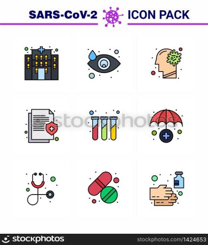 Covid-19 icon set for infographic 9 Filled Line Flat Color pack such as experiment, medical, flu, insurance, health viral coronavirus 2019-nov disease Vector Design Elements
