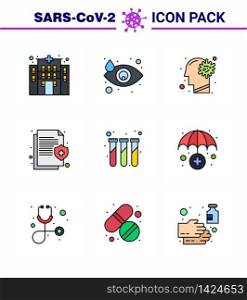 Covid-19 icon set for infographic 9 Filled Line Flat Color pack such as experiment, medical, flu, insurance, health viral coronavirus 2019-nov disease Vector Design Elements
