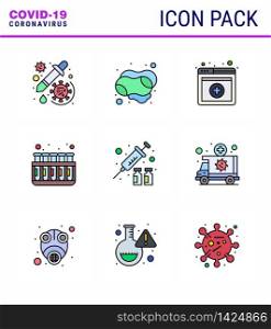 Covid-19 icon set for infographic 9 Filled Line Flat Color pack such as protection, lab, hand soap, tubes, chemistry viral coronavirus 2019-nov disease Vector Design Elements