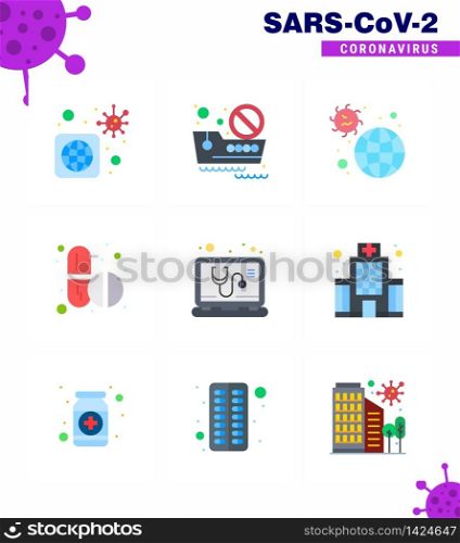 Covid-19 icon set for infographic 9 Flat Color pack such as check, tablets, disease, pills, virus viral coronavirus 2019-nov disease Vector Design Elements