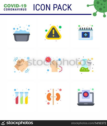 Covid-19 icon set for infographic 9 Flat Color pack such as covid, dry, appointment, washing, hands viral coronavirus 2019-nov disease Vector Design Elements