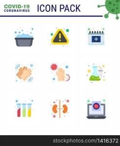 Covid-19 icon set for infographic 9 Flat Color pack such as covid, dry, appointment, washing, hands viral coronavirus 2019-nov disease Vector Design Elements