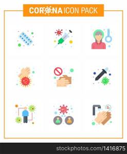 Covid-19 icon set for infographic 9 Flat Color pack such as covid, bacteria, vaccine, sickness fever, pain viral coronavirus 2019-nov disease Vector Design Elements