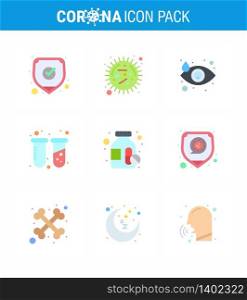 Covid-19 icon set for infographic 9 Flat Color pack such as drugs, tubes, virus, test, tear viral coronavirus 2019-nov disease Vector Design Elements