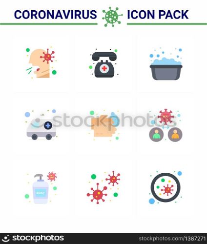Covid-19 icon set for infographic 9 Flat Color pack such as hand wash, hospital, emergency, car, soapy water viral coronavirus 2019-nov disease Vector Design Elements