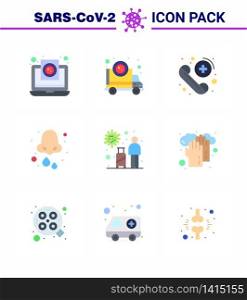 Covid-19 icon set for infographic 9 Flat Color pack such as health, cold, transmission, allergy, medical viral coronavirus 2019-nov disease Vector Design Elements