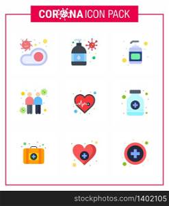 Covid-19 icon set for infographic 9 Flat Color pack such as heart, transmitters, virus protection, touch, coronavirus viral coronavirus 2019-nov disease Vector Design Elements