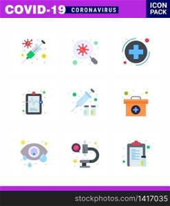 Covid-19 icon set for infographic 9 Flat Color pack such as protection, medical record, medica, illness, health viral coronavirus 2019-nov disease Vector Design Elements