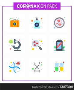 Covid-19 icon set for infographic 9 Flat Color pack such as sample, lab, germs, blood, microscope viral coronavirus 2019-nov disease Vector Design Elements